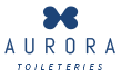 Das Logo von Aurora Toiletries zeigt ein blaues schmetterlingsförmiges Symbol über dem Text „AURORA TOILETERIES“ in Blau.