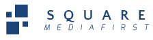 Das Logo von Square Media First besteht aus einem blauen Quadrat, das aus kleineren Quadraten besteht, gefolgt vom Text „SQUARE MEDIA FIRST“ in Blau.